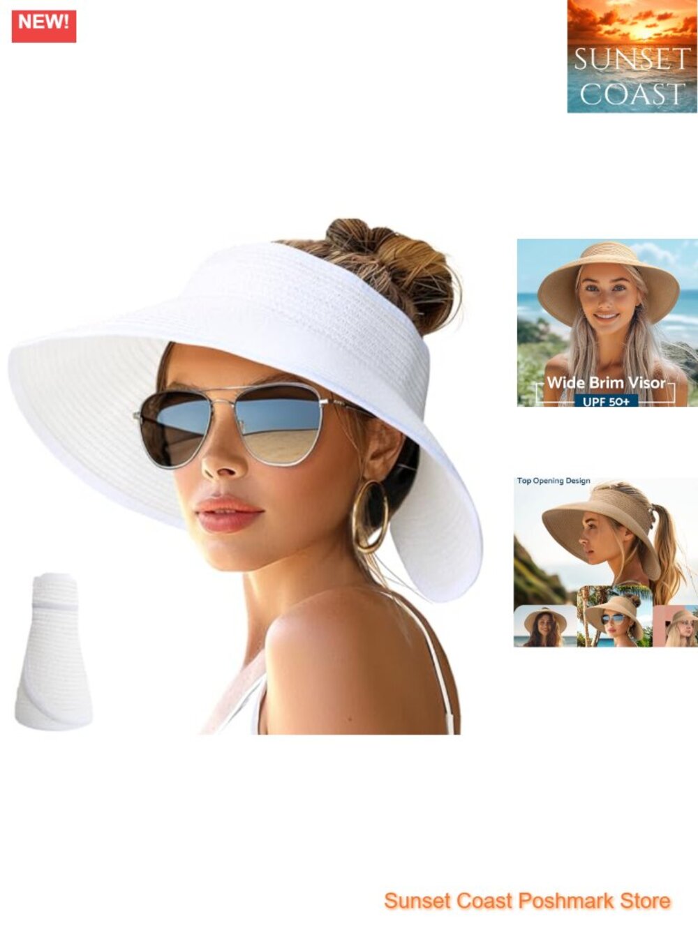 Wide Brim Roll-Up Ponytail Sun Visor Packable Foldable Straw Hat Adjustable